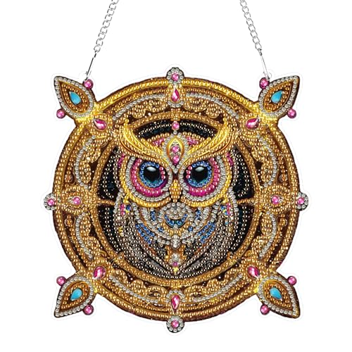 GHHKUD Diamond Painting Fensterbilder Beidseitige, Diamond Painting Eule Anhänger mit Kette, DIY Diamant Painting Bilder Kristall Malerei Anhänger, Wandbehang Kits für Eingang und Fenster Wand Decor von GHHKUD