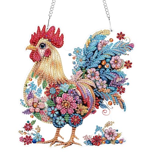 GHHKUD Diamond Painting Fensterbilder Beidseitige, Diamond Painting Hühnerblumen Anhänger mit Kette, Diamant Painting Bilder Kristall Malerei Anhänger, Wandbehang Kits für Eingang Fenster Wand Decor von GHHKUD