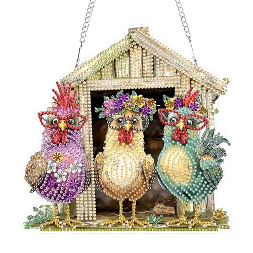 GHHKUD Diamond Painting Fensterbilder Beidseitige, Diamond Painting Huhn Anhänger mit Kette, Diamant Painting Bilder Kristall Malerei Anhänger, Wandbehang Kits für Eingang und Fenster Wand Decor von GHHKUD
