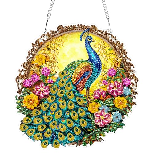 GHHKUD Diamond Painting Fensterbilder Beidseitige, Diamond Painting Pfau Anhänger mit Kette, Diamant Painting Bilder Kristall Malerei Anhänger, Wandbehang Kits für Eingang und Fenster Wand Decor von GHHKUD