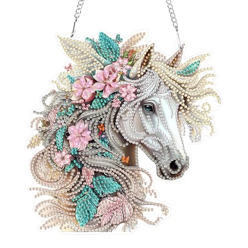 GHHKUD Diamond Painting Fensterbilder Beidseitige, Diamond Painting Pferd Blume Anhänger mit Kette, Diamant Painting Bilder Kristall Malerei Anhänger, Wandbehang Kits für Fenster Wand Decor von GHHKUD