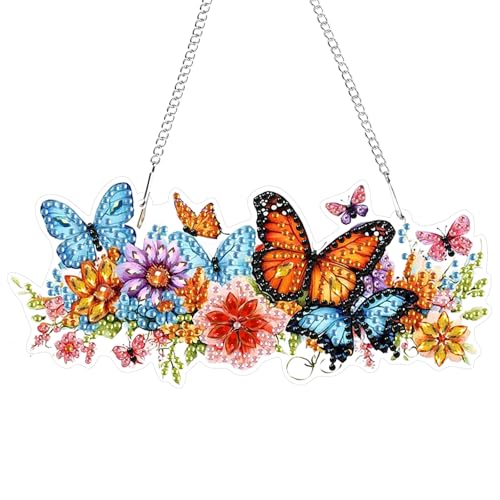 GHHKUD Diamond Painting Fensterbilder Beidseitige, Diamond Painting Schmetterling Blume Anhänger mit Kette, Diamant Painting Bilder Kristall Malerei Anhänger, Wandbehang Kits für Fenster Wand Decor von GHHKUD