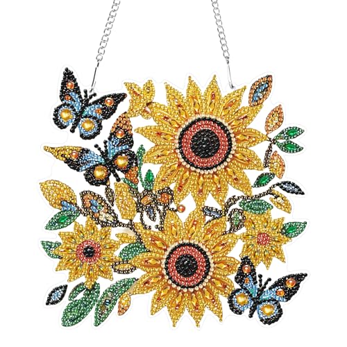 GHHKUD Diamond Painting Fensterbilder Beidseitige, Diamond Painting Sonnenblume Schmetterling Anhänger mit Kette, Diamant Painting Bilder Kristall Malerei Anhänger, Wandbehang Kits für Wand Decor von GHHKUD