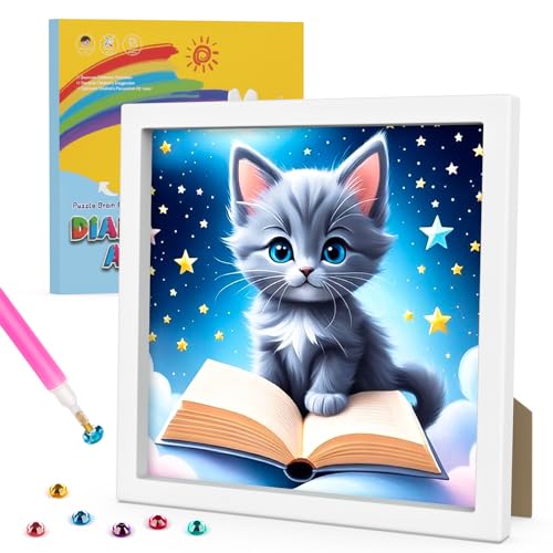 GHHKUD Diamond Painting Kinder mit Rahmen 5D Diamant Painting Bilder Kinder-Diamond Painting Set-Katze Diamanten Painting für Kinder und Mädchen Erwachsene-Diamant Bilder mit Bilderrahmen 18x18cm von GHHKUD