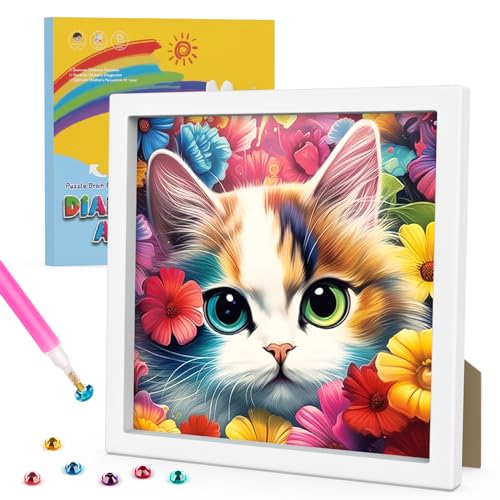 GHHKUD Diamond Painting Kinder mit Rahmen 5D Katze Diamant Painting Bilder Kinder-Diamond Painting Set Diamanten Painting für Kinder und Mädchen Erwachsene-Diamant Bilder mit Bilderrahmen 18x18cm von GHHKUD