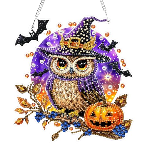 GHHKUD Halloween Diamond Painting Fensterbilder Beidseitige, Eule Diamond Painting Anhänger mit Kette, Diamant Malerei Bilder Kristall Anhänger, Wandbehang Kits für Eingang und Fenster Wand Decor von GHHKUD
