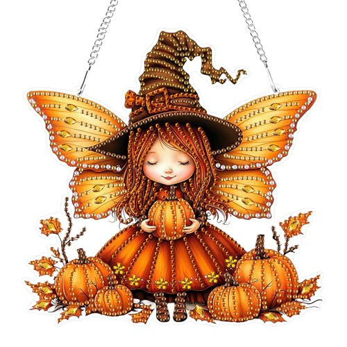 GHHKUD Halloween Diamond Painting Fensterbilder Beidseitige, Herbst Kürbisse Fee Diamond Painting Anhänger mit Kette, Diamant Malerei Bilder Kristall Anhänger Kits für Eingang Fenster Wand Decor von GHHKUD