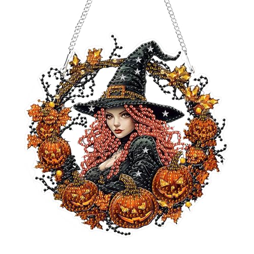 GHHKUD Halloween Diamond Painting Fensterbilder Beidseitige, Hexe Diamond Painting Anhänger mit Kette, Diamant Malerei Bilder Kristall Anhänger, Wandbehang Kits für Eingang und Fenster Wand Decor von GHHKUD