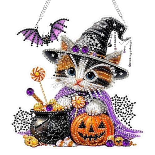 GHHKUD Halloween Diamond Painting Fensterbilder Beidseitige, Katze Diamond Painting Anhänger mit Kette, Diamant Malerei Bilder Kristall Anhänger, Wandbehang Kits für Eingang und Fenster Wand Decor GHHKUD Halloween Diamond Painting Fensterbilder Beidseitige, Katze Diamond Painting Anhänger mit Kette, Diamant Malerei Bilder Kristall Anhänger, Wandbehang Kits für Eingang und Fenster Wand Decor von GHHKUD