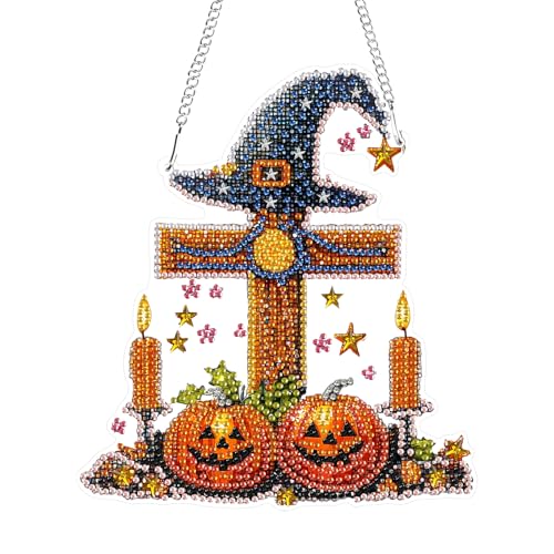 GHHKUD Halloween Diamond Painting Fensterbilder Beidseitige, Kreuz Diamond Painting Anhänger mit Kette, Diamant Malerei Bilder Kristall Anhänger, Wandbehang Kits für Eingang und Fenster Wand Decor von GHHKUD