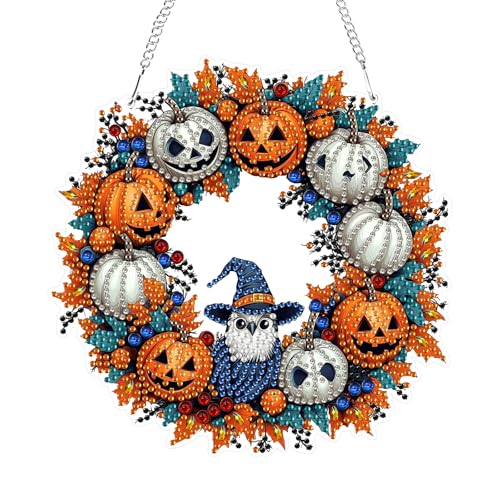 GHHKUD Halloween Diamond Painting Fensterbilder Beidseitige, Kürbisse Diamond Painting Anhänger mit Kette, Diamant Malerei Bilder Kristall Anhänger, Wandbehang Kits für Eingang und Fenster Wand Decor von GHHKUD