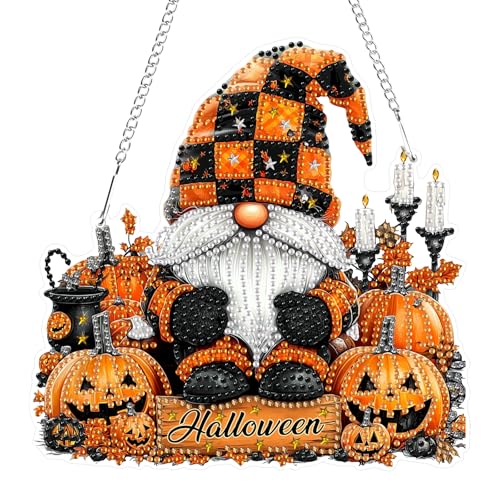 GHHKUD Halloween Diamond Painting Fensterbilder Beidseitige, Zwerge Kürbisse Diamond Painting Anhänger mit Kette, Diamant Malerei Bilder Kristall Anhänger Kits für Eingang Fenster Wand Decor von GHHKUD