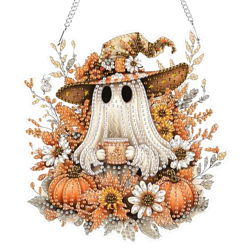 GHHKUD Halloween Geist Diamond Painting Fensterbilder Beidseitige, Herbst Diamond Painting Anhänger mit Kette, Diamant Malerei Bilder Kristall Anhänger Kits für Eingang Fenster Wand Decor von GHHKUD