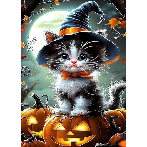 GHHKUD Halloween Katze Diamond Painting Set für Erwachsene, 5D Diamant Painting Bilder für Erwachsene Anfänger, DIY Full Drill Diamant Malerei Bilder Dekoration 30x40 CM von GHHKUD