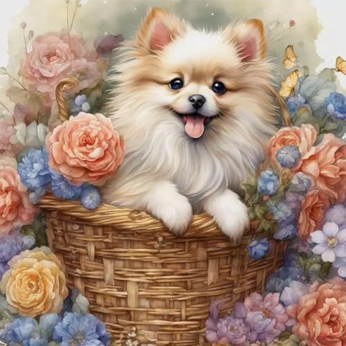 GHHKUD Hund und Blume Diamond Painting für Erwachsene, 5D DIY Diamant Painting Bilder für Erwachsene Anfänger, Diamond Art Painting Set, Full Drill Diamant Malerei für Dekoration 30x30 cm von GHHKUD