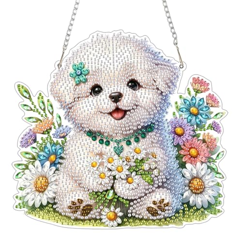 GHHKUD Hunde Blumen Diamond Painting Fensterbilder Beidseitige, Diamond Painting Anhänger mit Kette, Diamant Malerei Bilder Kristall Fensterbilder, Wandbehang Kit für Eingang und Fenster Wand Decor von GHHKUD