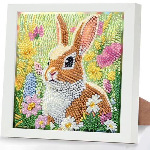 GHHKUD Kaninchen Diamond Painting Kinder mit Rahmen, 5D Diamond Painting Bilder Erwachsene, Diamant Malerei Set Geschenk für Kinder und Mädchen ab 6 8 10 Jahren, Diamant Art Home Decor(18x18cm) von GHHKUD