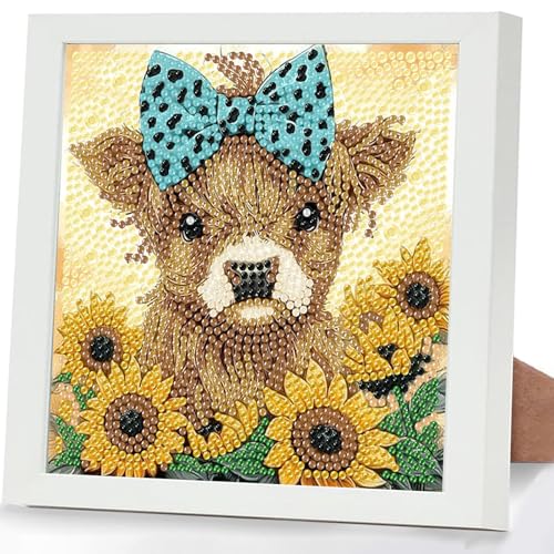 GHHKUD Kuh Diamond Painting Kinder mit Rahmen, 5D Diamond Painting Bilder Erwachsene, Diamant Malerei Set Geschenk für Kinder und Mädchen ab 6 8 10 Jahren, Diamant Art Home Decor(18x18cm) von GHHKUD