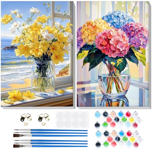 GHHKUD Malen Nach Zahlen Erwachsene, 2 Stück Blumen Malen Nach Zahlen Mit Rahmen, DIY Handgemalt Ölgemälde Kit für Anfänger Mit Holzstaffelei und Acrylfarbe Malen nach Zahlen-20X30cm von GHHKUD