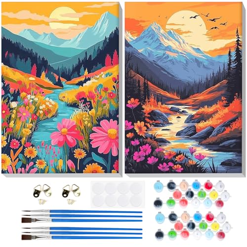 GHHKUD Malen Nach Zahlen Erwachsene, 2 Stück Natürlich Landschaft Malen Nach Zahlen Mit Rahmen, DIY Handgemalt Ölgemälde Kit für Anfänger Mit Holzstaffelei und Acrylfarbe Malen nach Zahlen-20X30cm von GHHKUD