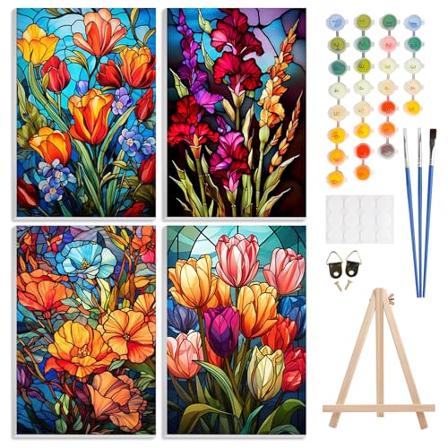 GHHKUD Malen Nach Zahlen Erwachsene, 4 Stück Blume DIY Handgemalt Ölgemälde Kit für Anfänger und Kinder Mit Holzstaffelei und Acrylpigment Malen nach Zahlen für Geschenk-20X30cm GHHKUD Malen Nach Zahlen Erwachsene, 4 Stück Blume DIY Handgemalt Ölgemälde Kit für Anfänger und Kinder Mit Holzstaffelei und Acrylpigment Malen nach Zahlen für Geschenk-20X30cm von GHHKUD