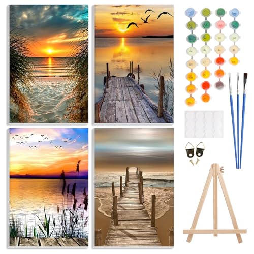 GHHKUD Malen Nach Zahlen Erwachsene, 4 Stück Malen Nach Zahlen Sonnenuntergang Strand DIY Handgemalt Ölgemälde Kit für Anfänger und Kinder Mit Holzstaffelei und Acrylfarbe Malen nach Zahlen-20X30cm GHHKUD Malen Nach Zahlen Erwachsene, 4 Stück Malen Nach Zahlen Sonnenuntergang Strand DIY Handgemalt Ölgemälde Kit für Anfänger und Kinder Mit Holzstaffelei und Acrylfarbe Malen nach Zahlen-20X30cm von GHHKUD