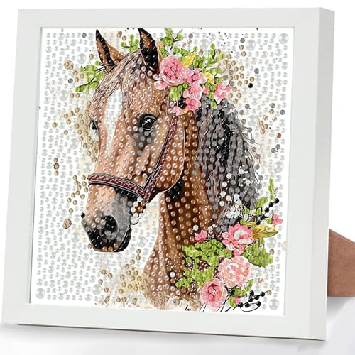GHHKUD Pferd 5D Diamond Painting Kinder mit Rahmen, Diamond Painting Bilder Erwachsene, Diamant Malerei Set Geschenk für Kinder und Mädchen ab 6 8 10 Jahren, Diamant Art Home Decor(18x18cm) von GHHKUD