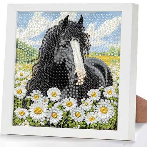 GHHKUD Pferd Diamond Painting Kinder mit Rahmen, 5D Diamond Painting Bilder Erwachsene, Diamant Malerei Set Geschenk für Kinder und Mädchen ab 6 8 10 Jahren, Diamant Art Home Decor(18x18cm) von GHHKUD