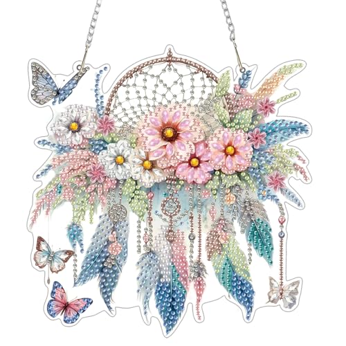 GHHKUD Traumfänger Blumen Diamond Painting Fensterbilder Beidseitige, Diamond Painting Anhänger mit Kette, Diamant Malerei Bilder Kristall Fensterbilder, Wandbehang Kits für Fenster Wand Decor von GHHKUD