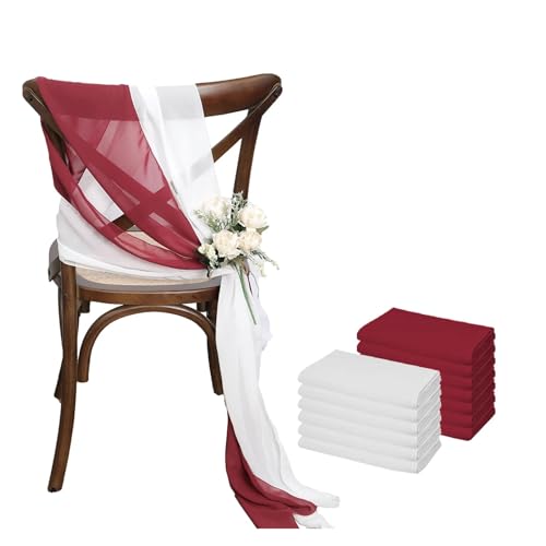 GHHZML Stuhl Deko Hochzeit 12 Stück 17 x 275 cm Chiffon-Stuhlschärpen for Hochzeiten, Stuhlhussen, Band, Hochzeit, Party, Gang, Stuhldekoration(White Dark red) von GHHZML