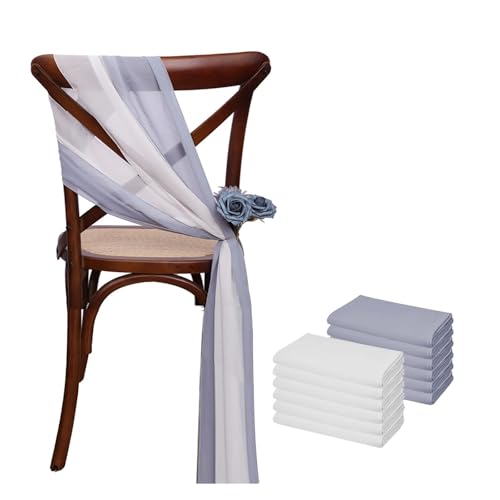 GHHZML Stuhl Deko Hochzeit 12 Stück 17 x 275 cm Chiffon-Stuhlschärpen for Hochzeiten, Stuhlhussen, Band, Hochzeit, Party, Gang, Stuhldekoration(White Gray Blue) von GHHZML