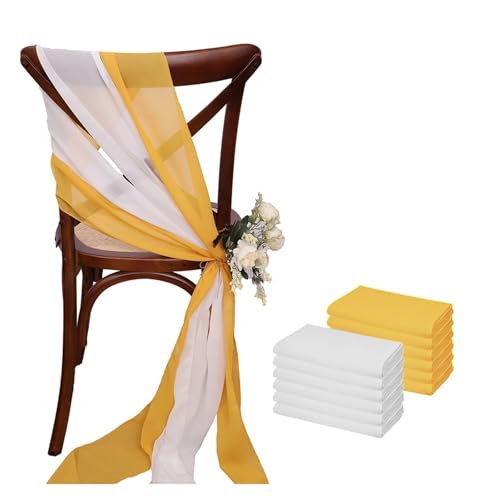 GHHZML Stuhl Deko Hochzeit 12 Stück 17 x 275 cm Chiffon-Stuhlschärpen for Hochzeiten, Stuhlhussen, Band, Hochzeit, Party, Gang, Stuhldekoration(White Yellow) von GHHZML