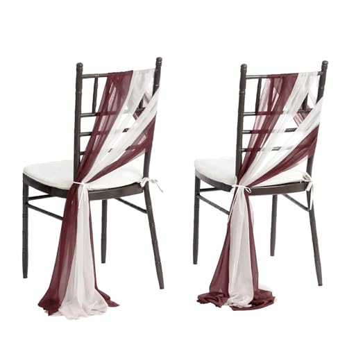 GHHZML Stuhl Deko Hochzeit 24 Stück 17 x 250 cm rosa Chiffon-Stuhlschärpen, 12 Set Schärpen, Stuhlhussen for Hochzeit, Band, Hochzeit, Party, Gang, Stuhldekoration(White Dark red) von GHHZML