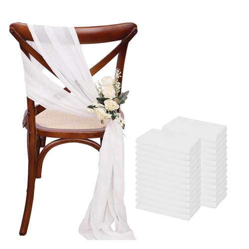 GHHZML Stuhl Deko Hochzeit 24 Stück 17x275cm Chiffon-Stuhlschärpen, 12er-Set, weiße Stuhlschärpe, Hochzeitsstuhlhussen, Band, Hochzeit, Party, Gang, Stuhldekoration(White) von GHHZML