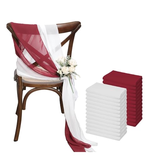 GHHZML Stuhl Deko Hochzeit 24 Stück 17x275cm Chiffon-Stuhlschärpen, 12er-Set, weiße Stuhlschärpe, Hochzeitsstuhlhussen, Band, Hochzeit, Party, Gang, Stuhldekoration(White Dark red) von GHHZML