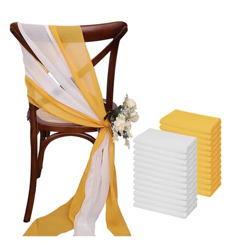 GHHZML Stuhl Deko Hochzeit 24 Stück 17x275cm Chiffon-Stuhlschärpen, 12er-Set, weiße Stuhlschärpe, Hochzeitsstuhlhussen, Band, Hochzeit, Party, Gang, Stuhldekoration(White Yellow) von GHHZML