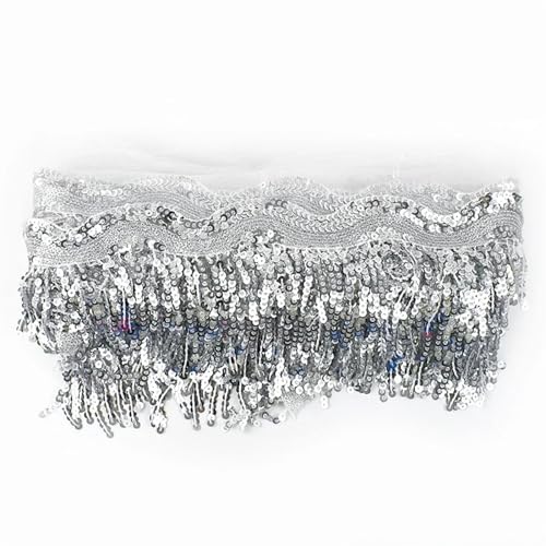 Quastenborte 1-5 Yards 8 cm Pailletten Quaste Fransen Paillette Mesh Spitzenbesatz Band for Nähen Performance Rock Hochzeitskleid Dekoration Stoff(Silver,4Yards) von GHHZML