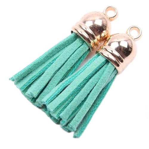 Quastenborte 20-100 Stück 38mm Goldsplitter Wildleder Kunstleder Quaste for Schlüsselanhänger Handygurte Schmuck Sommer DIY Anhänger Charms Finden(Water green,20 pcs Sliver tops) von GHHZML