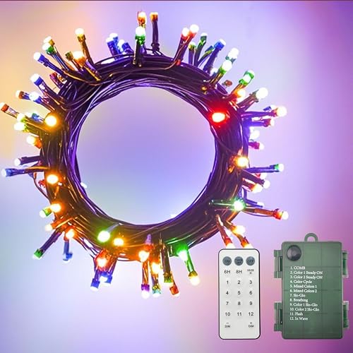 Farbwechsel Warmweiß/Bunt LED Batterie Lichterkette auf Dunkelgrün Kabel, Fernbedienung Batteriebetriebene Beleuchtung, für Weihnachten Baum Garten Hochzeit Feiertag Party (200LED) von GHJ
