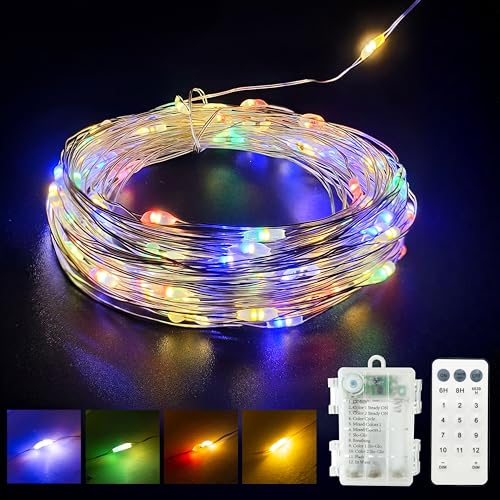 Farbwechsel Warmweiß/Bunt LED Batterie Lichterkette auf Silberdraht, Fernbedienung Batteriebetriebene Beleuchtung, für Weihnachten Baum Garten Hochzeit Feiertag Party (200LED) von GHJ