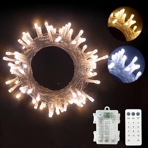 Warmweiß/Kaltweiß LED Batterie Lichterkette auf Durchsichtigem Kabel, Fernbedienung Batteriebetriebene Beleuchtung, für Weihnachten Baum Garten Hochzeit Feiertag Party (100LED) von GHJ