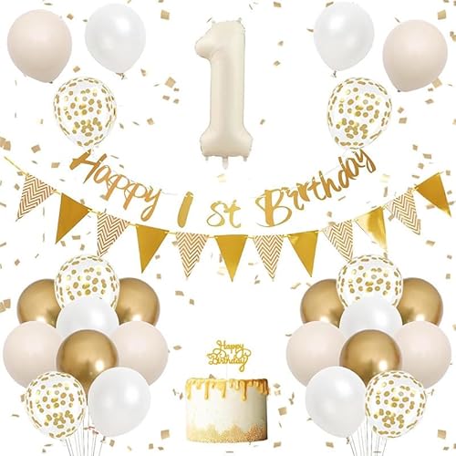 1 Geburtstag Dekorationen für Jungen Mädchen - Gold und Weiß Party Dekoration Kit mit Nummer 1 Ballon, Banner, Konfetti Luftballons und Cake Topper - Erster Geburtstag Party Supplies Set 1 Geburtstag Dekorationen für Jungen Mädchen - Gold und Weiß Party Dekoration Kit mit Nummer 1 Ballon, Banner, Konfetti Luftballons und Cake Topper - Erster Geburtstag Party Supplies Set von GHKJOK