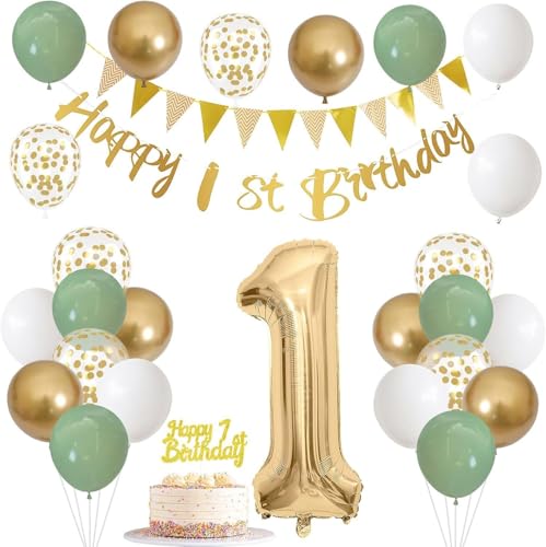 1.Geburtstag Dekorationen Kit - Grün Gold Weiß Luftballons Set mit Riesen Zahl 1 Ballon, Cake Topper & Banner - Elegant First Birthday Party Supplies für Baby Junge Mädchen von GHKJOK