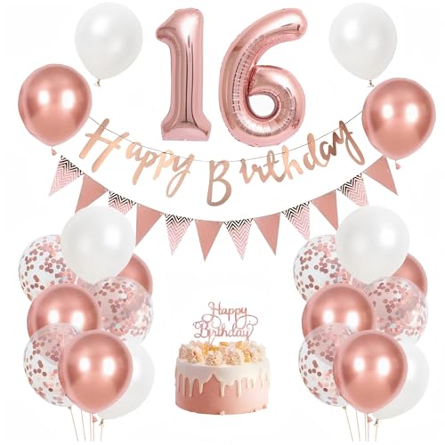 16 Geburtstag Dekorationen Party Set für Mädchen - Rose Gold Sweet 16 Banner, Zahlenballons, Tortenaufsatz, Konfetti und Latexballons, Elegante Geburtstagsbedarf für Teenager-Mädchen von GHKJOK