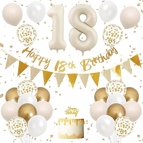 18 Geburtstag Deko Mädchen Jungen - Gold Weiß Party Kit mit Zahl 18 Luftballons, Banner, Konfetti Luftballons und Cake Topper 18 Geburtstag Deko Mädchen Jungen - Gold Weiß Party Kit mit Zahl 18 Luftballons, Banner, Konfetti Luftballons und Cake Topper von GHKJOK