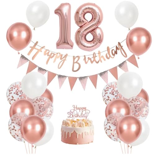 18 Geburtstag Dekorationen Party Set für Mädchen - Rose Gold Banner, Zahl 18 Luftballons, Dreiecksflaggen, Cake Topper und Konfetti Luftballons, Elegant Sweet 18 Party Supplies Kit 18 Geburtstag Dekorationen Party Set für Mädchen - Rose Gold Banner, Zahl 18 Luftballons, Dreiecksflaggen, Cake Topper und Konfetti Luftballons, Elegant Sweet 18 Party Supplies Kit von GHKJOK
