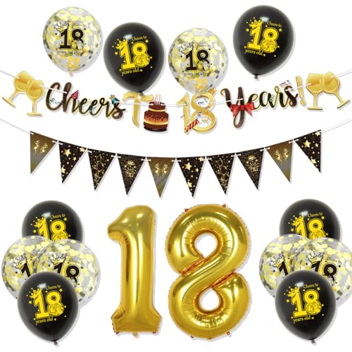 18 Geburtstag Dekorationen Set - Cheers to 18 Years Banner, Schwarz Gold Luftballons, Konfetti, Dreiecksflaggen, Folienballon Zahl 18 Luftballons - Party Kit für Jungen Mädchen von GHKJOK