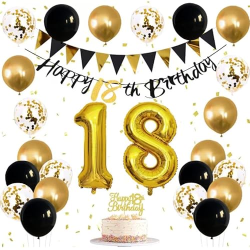 18 Geburtstag Dekorationen für Mädchen Jungen - Gold Schwarz Ballon Set mit Zahl 18 Folienballons Banner und Cake Topper - Komplettes Partyzubehör Kit für Meilenstein Feier 18 Geburtstag Dekorationen für Mädchen Jungen - Gold Schwarz Ballon Set mit Zahl 18 Folienballons Banner und Cake Topper - Komplettes Partyzubehör Kit für Meilenstein Feier von GHKJOK