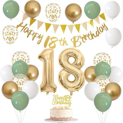 18 Geburtstag Dekorationen für Mädchen Jungen - Salbeigrün Gold Weiß Party Supplies Set mit Nummer 18 Folienballons, Happy Birthday Banner, Konfetti Luftballons, Cake Topper für 18 Jahre Alt Feier 18 Geburtstag Dekorationen für Mädchen Jungen - Salbeigrün Gold Weiß Party Supplies Set mit Nummer 18 Folienballons, Happy Birthday Banner, Konfetti Luftballons, Cake Topper für 18 Jahre Alt Feier von GHKJOK