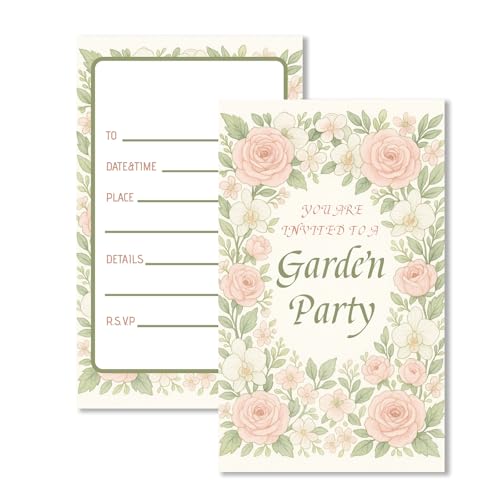 20 Premium-Gartenparty-Einladungen mit Umschlägen, einzigartiges Blumen-Design auf 300 g/m² mattem Karton, perfekt für Sommergeburtstage, Jubiläumsfeiern (Generisch) von GHKJOK